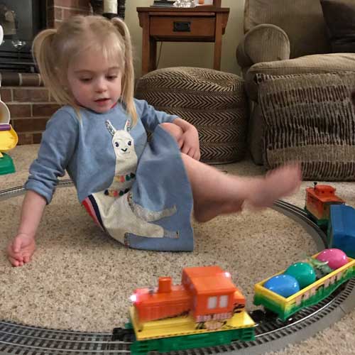 Poppy with the Lionel Dinosaur Train, January 2019